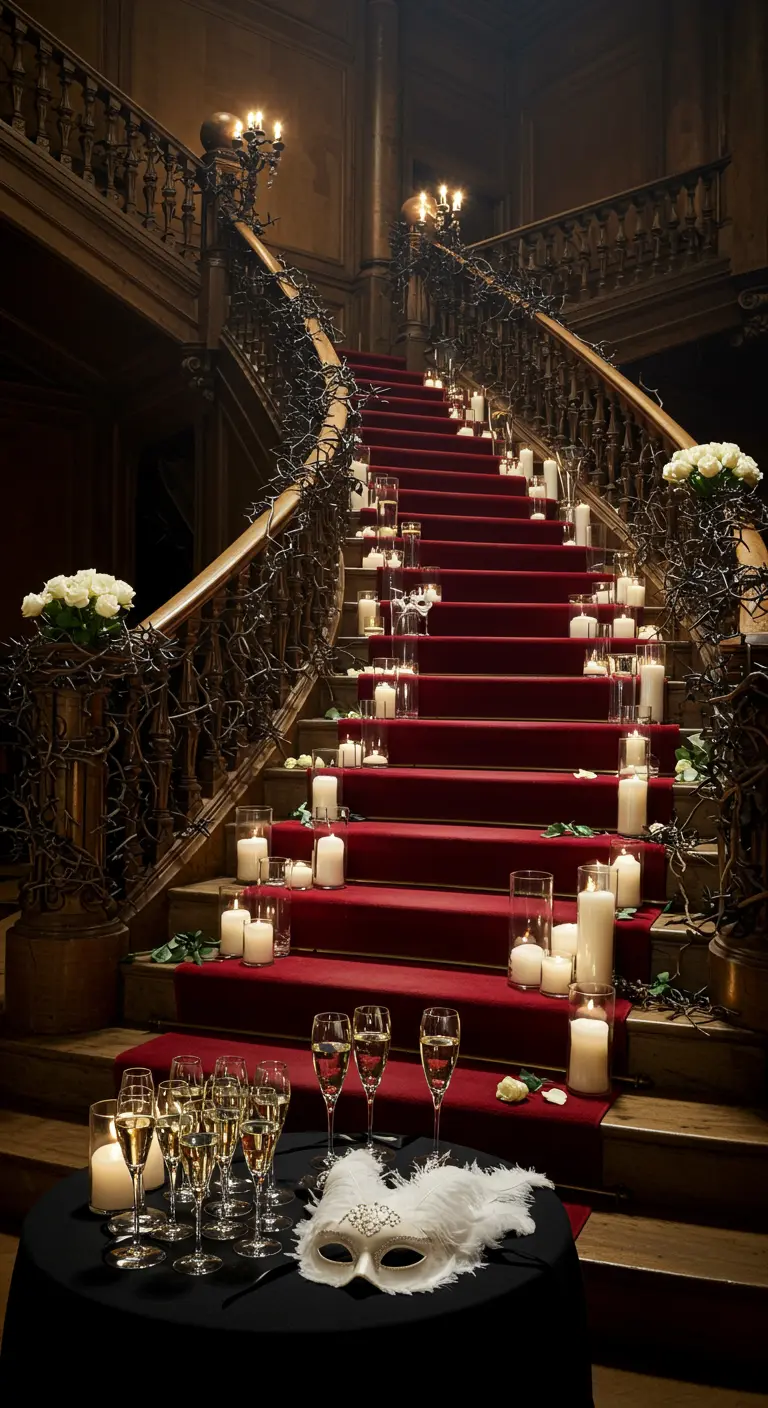 Grand escalier avec tapis rouge, décoré de nombreuses bougies et de branches noires.