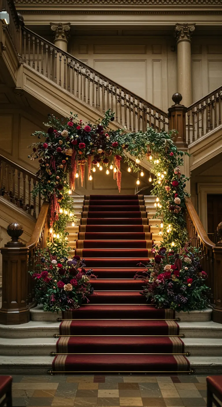Arche florale luxuriante en haut d'un grand escalier avec un tapis rouge.