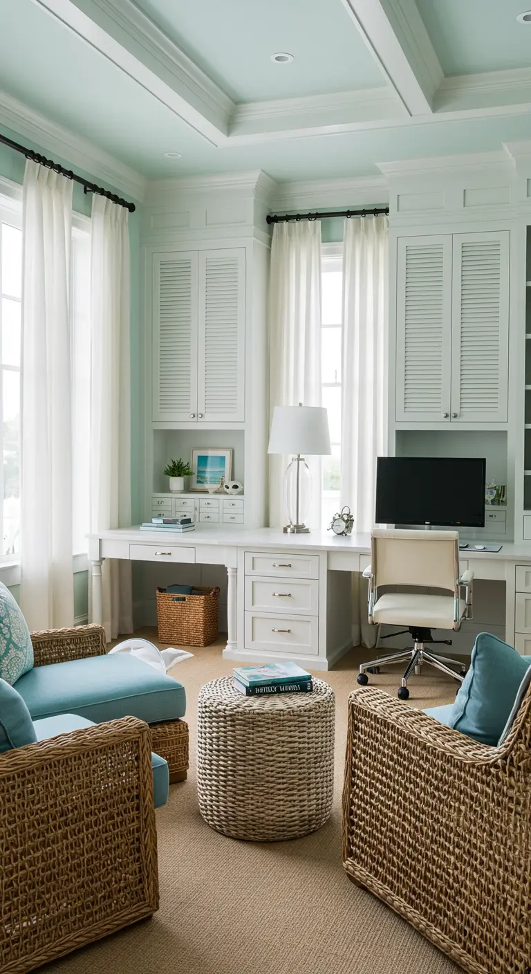 Bureau lumineux de style côtier avec des murs bleu clair et du mobilier blanc.