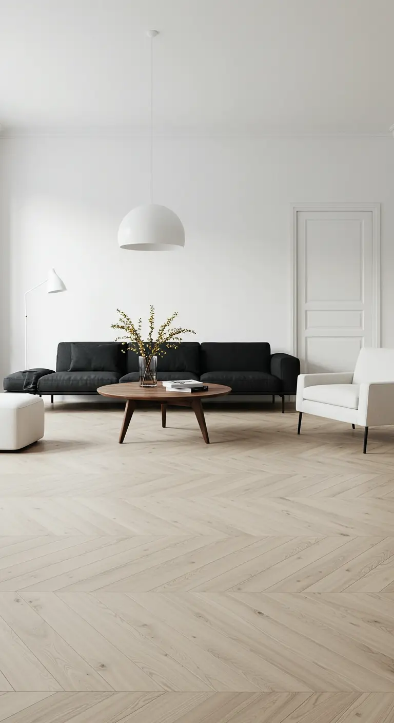 Salon minimaliste avec murs blancs, canapé noir, table basse en bois et grande suspension blanche.