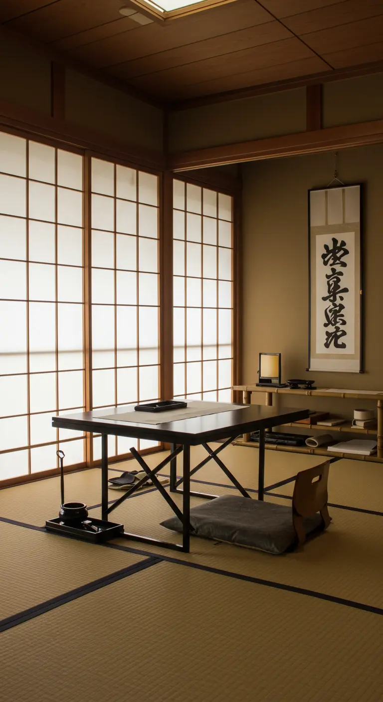 Espace de calligraphie de style japonais avec table basse, tatamis et cloisons shoji.
