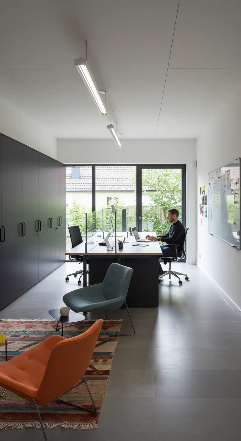 Bureau moderne et épuré avec un coin détente coloré et des rangements intégrés.