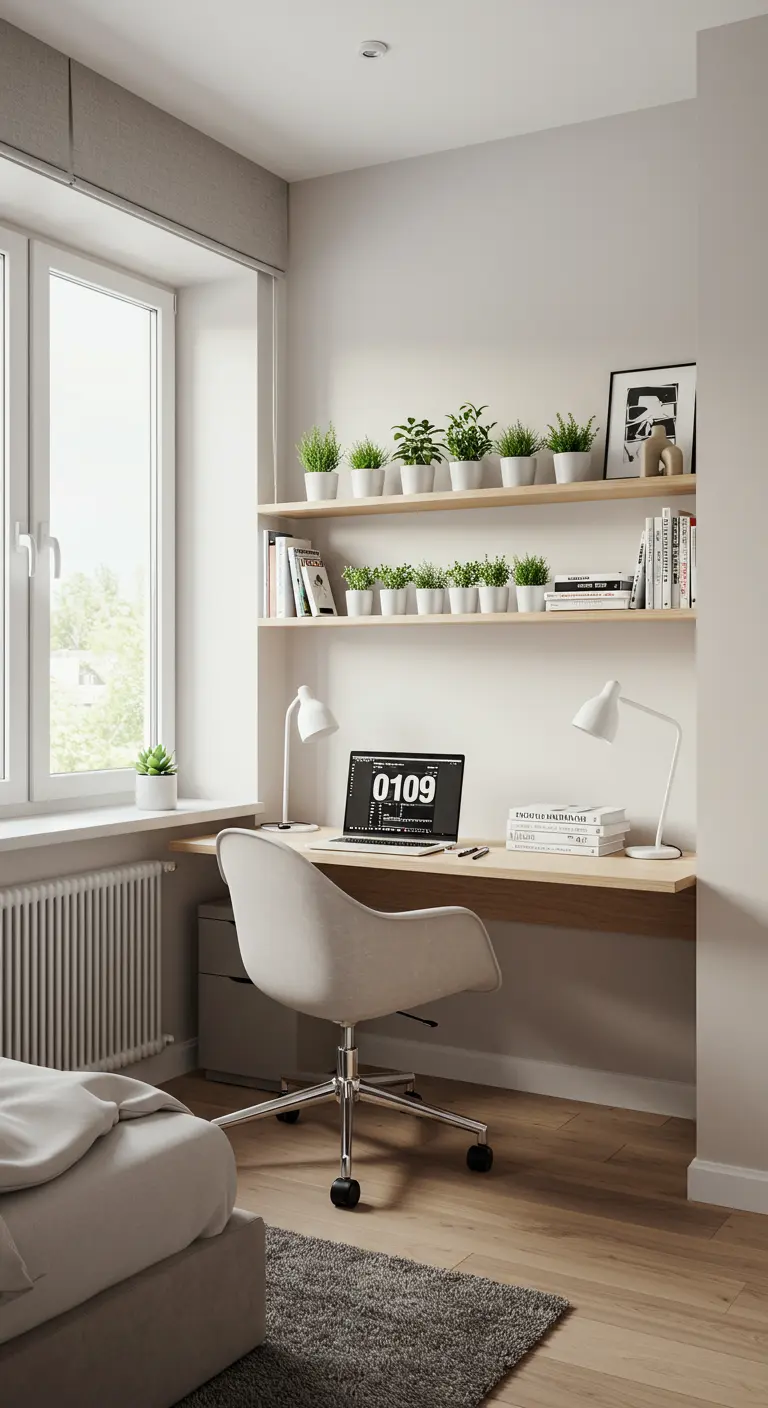 Coin bureau aménagé dans une chambre avec un bureau flottant et des étagères.