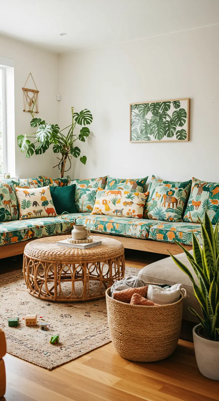 Salon familial avec canapé d'angle à motifs animaux, table basse en rotin et panier à jouets.