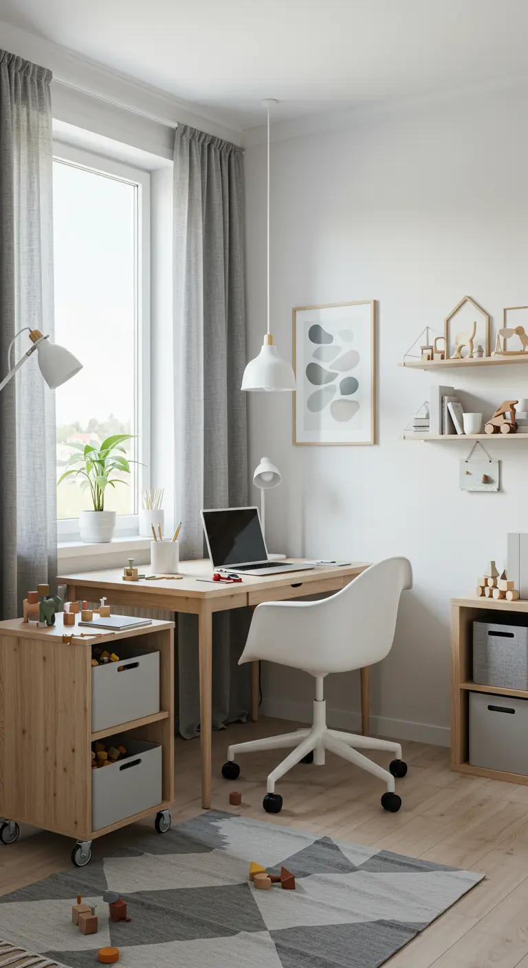 Bureau enfant/parent partagé, minimaliste avec rangements mobiles et étagères ludiques