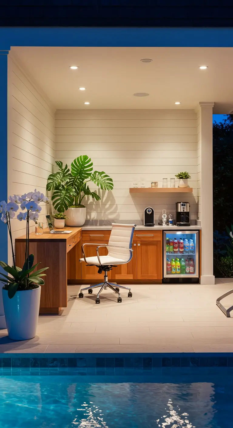 Bureau d'extérieur moderne au bord d'une piscine avec mini-bar, plantes tropicales et mobilier en bois.