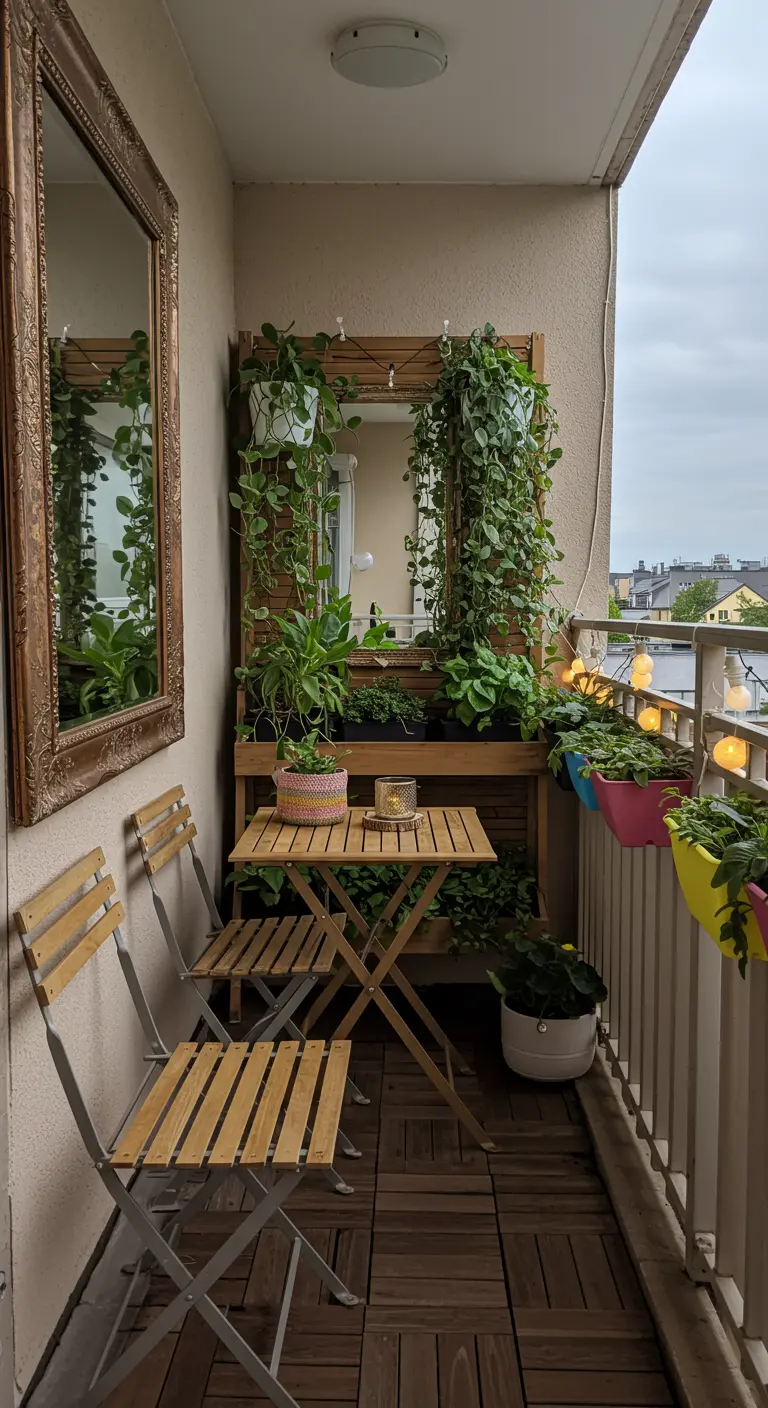 Petit balcon avec table et chaises pliantes, miroir, mur végétal et guirlandes lumineuses.