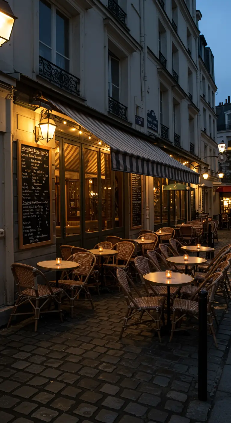 Terrasse de bistrot parisien la nuit, éclairée par des lanternes et des bougies.