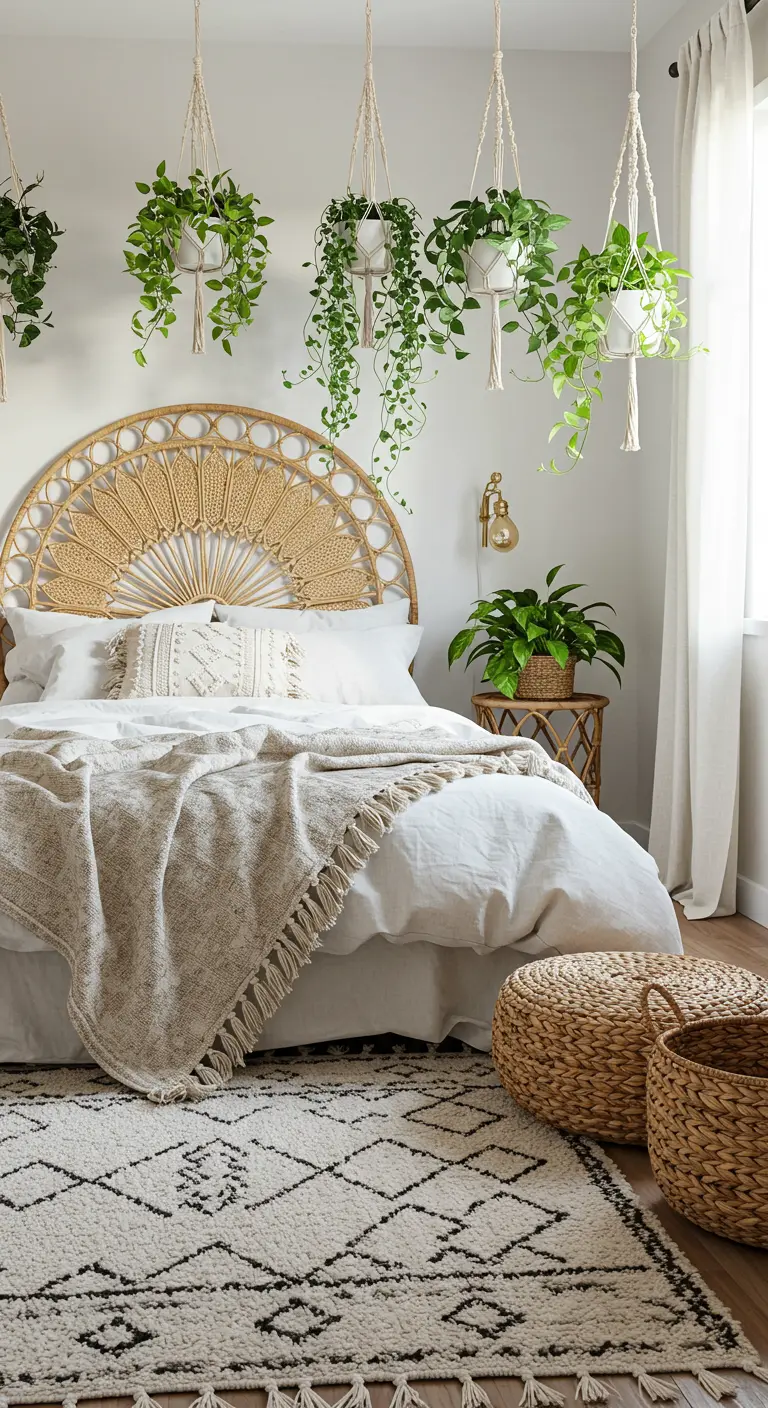 Chambre bohème avec tête de lit en rotin, plantes suspendues en macramé et tapis berbère.