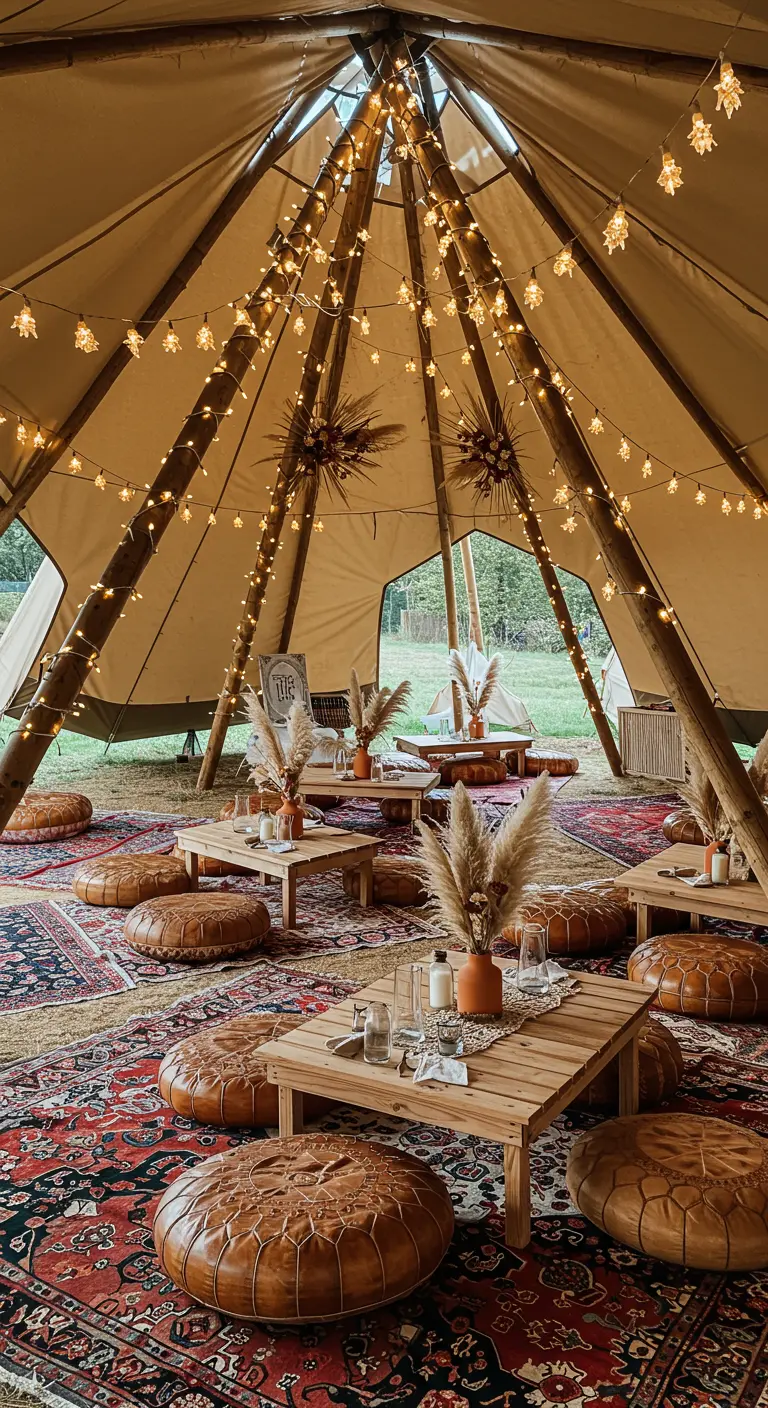 Intérieur d'un tipi avec tapis bohèmes, tables basses et poufs en cuir.