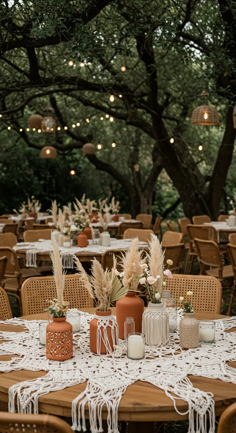 Tables de réception extérieures avec chemins de table en macramé, vases en terre cuite et herbes de pampa.