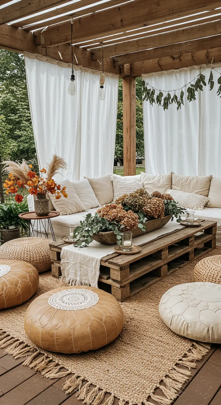 Salon de jardin bohème avec canapé en palettes, poufs en cuir et tapis en jute.