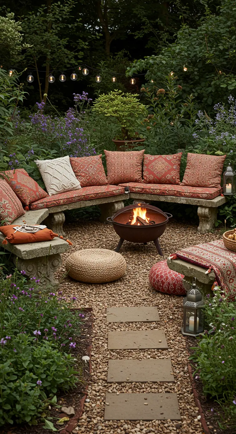 Jardin bohème avec banquettes en pierre, coussins colorés à motifs, foyer en métal, poufs et lanternes.