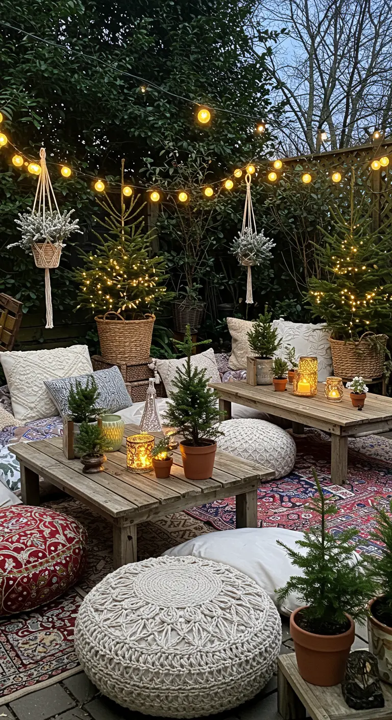Patio de style bohème avec tapis, coussins au sol, sapins miniatures et guirlandes lumineuses.