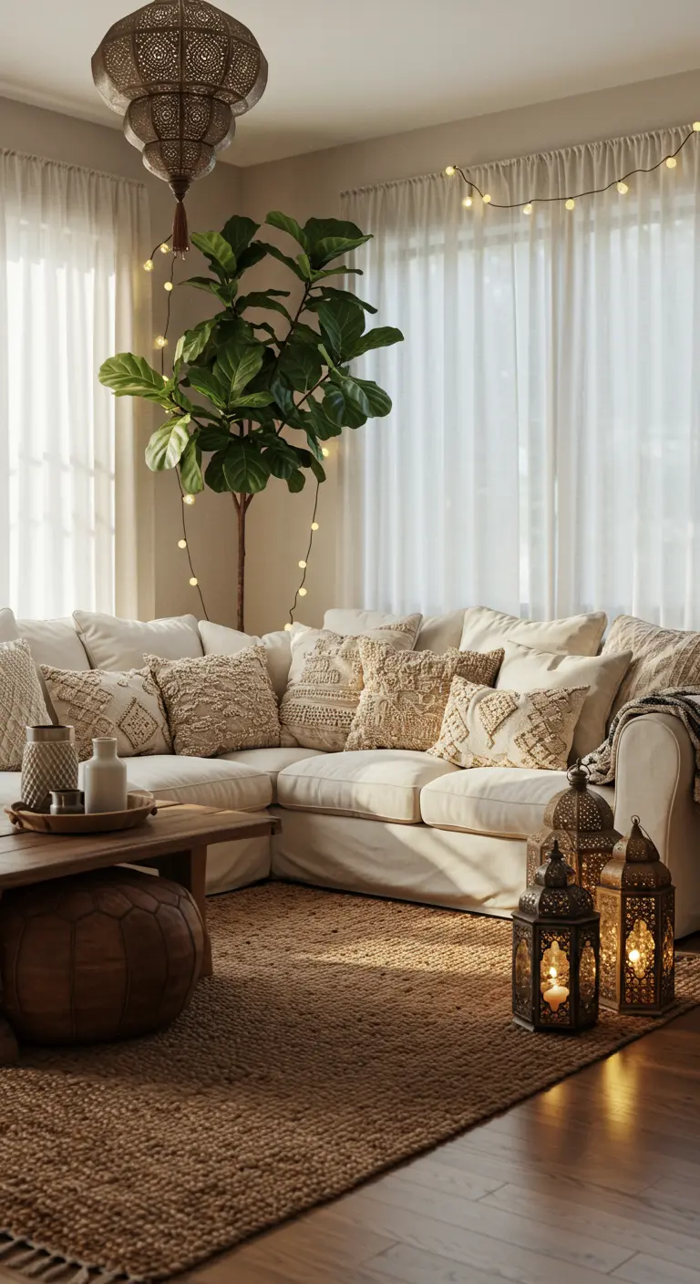 Salon bohème avec canapé blanc, tapis en jute et guirlandes lumineuses.