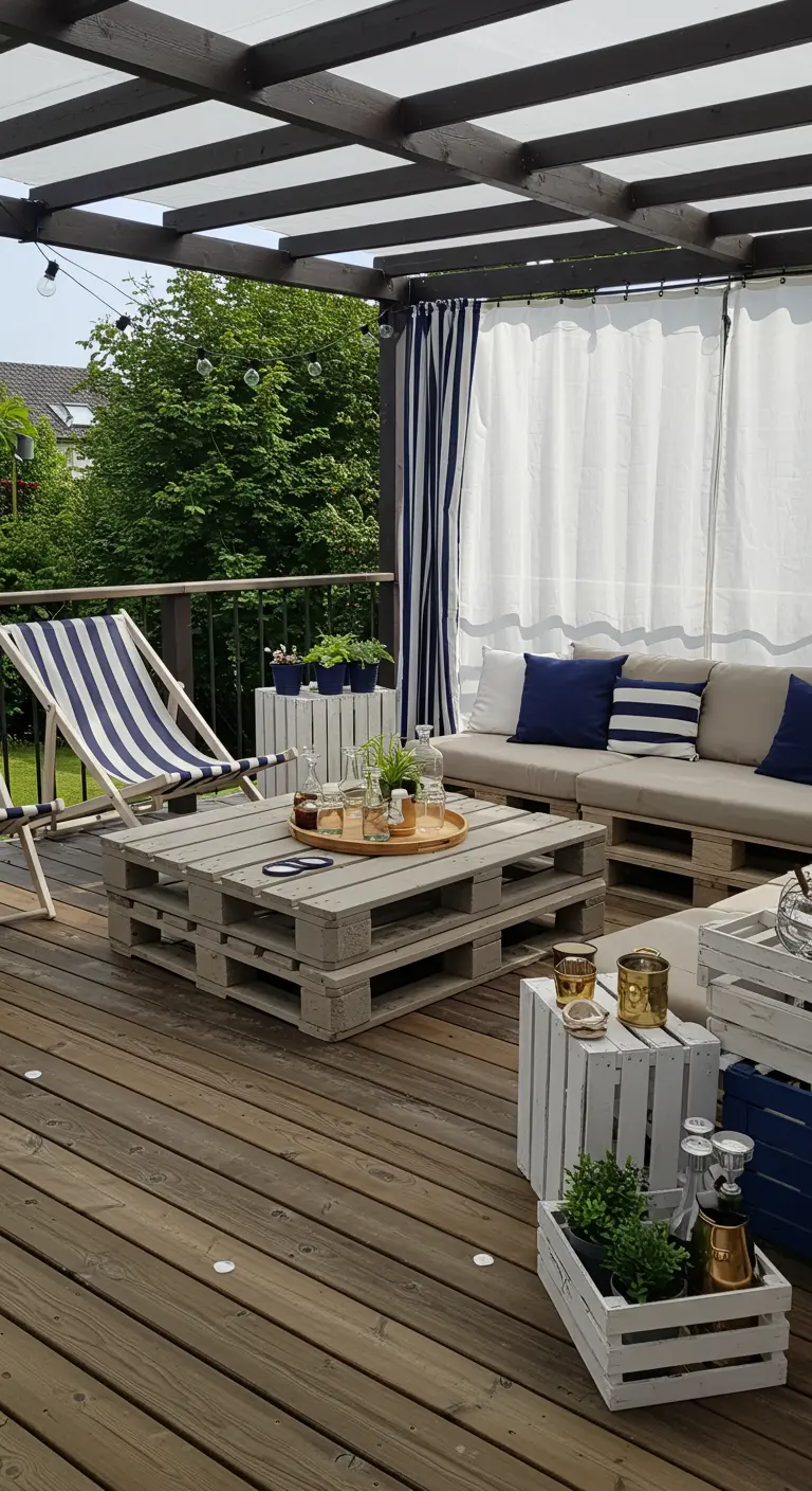 Terrasse au style marin avec salon en palettes gris clair, coussins rayés et caisses blanches.