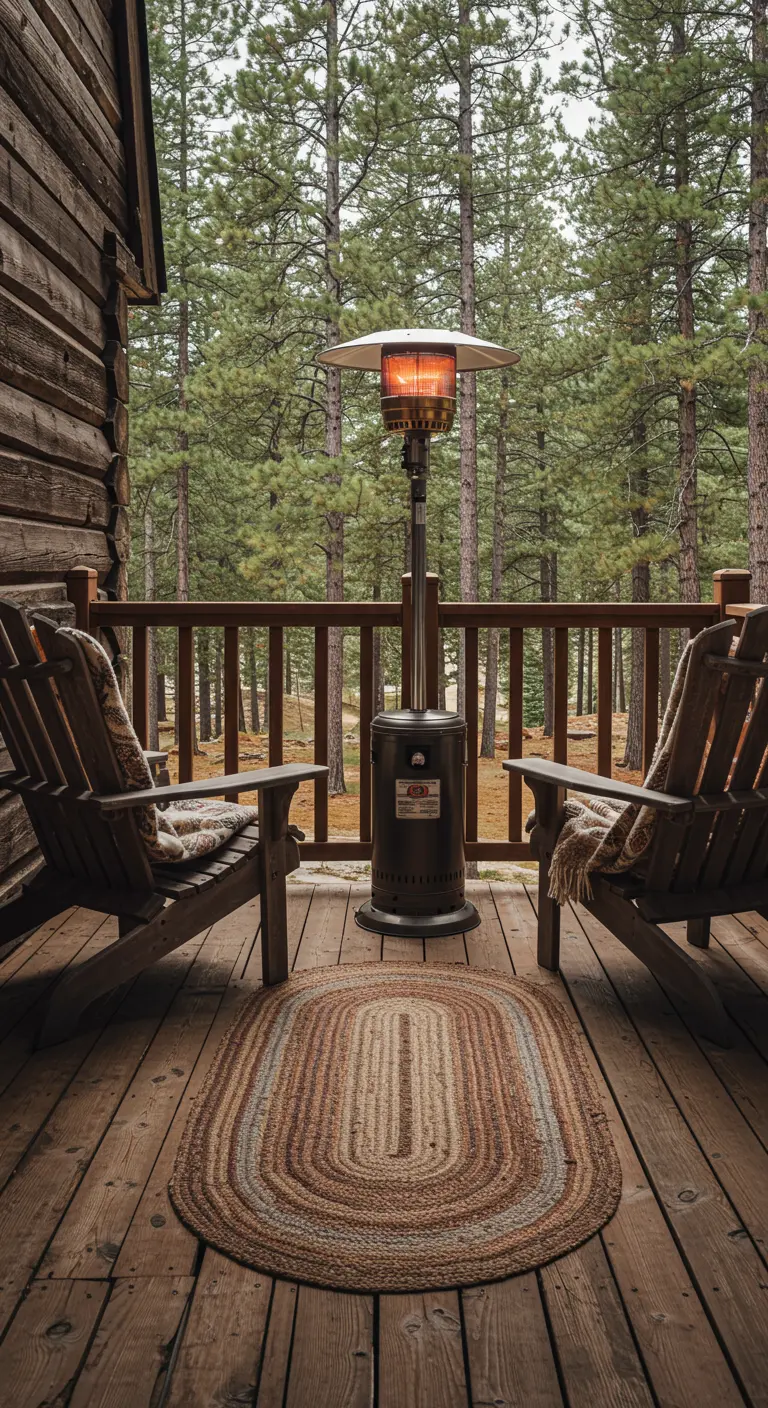 Terrasse en bois avec chauffage champignon, chaises Adirondack et tapis tressé.
