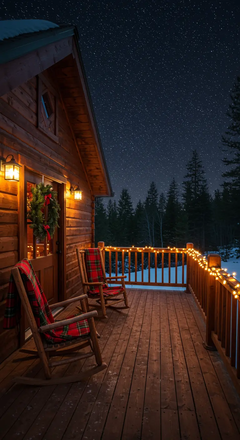 Porche de cabane en bois la nuit avec des fauteuils à bascule et des guirlandes lumineuses.