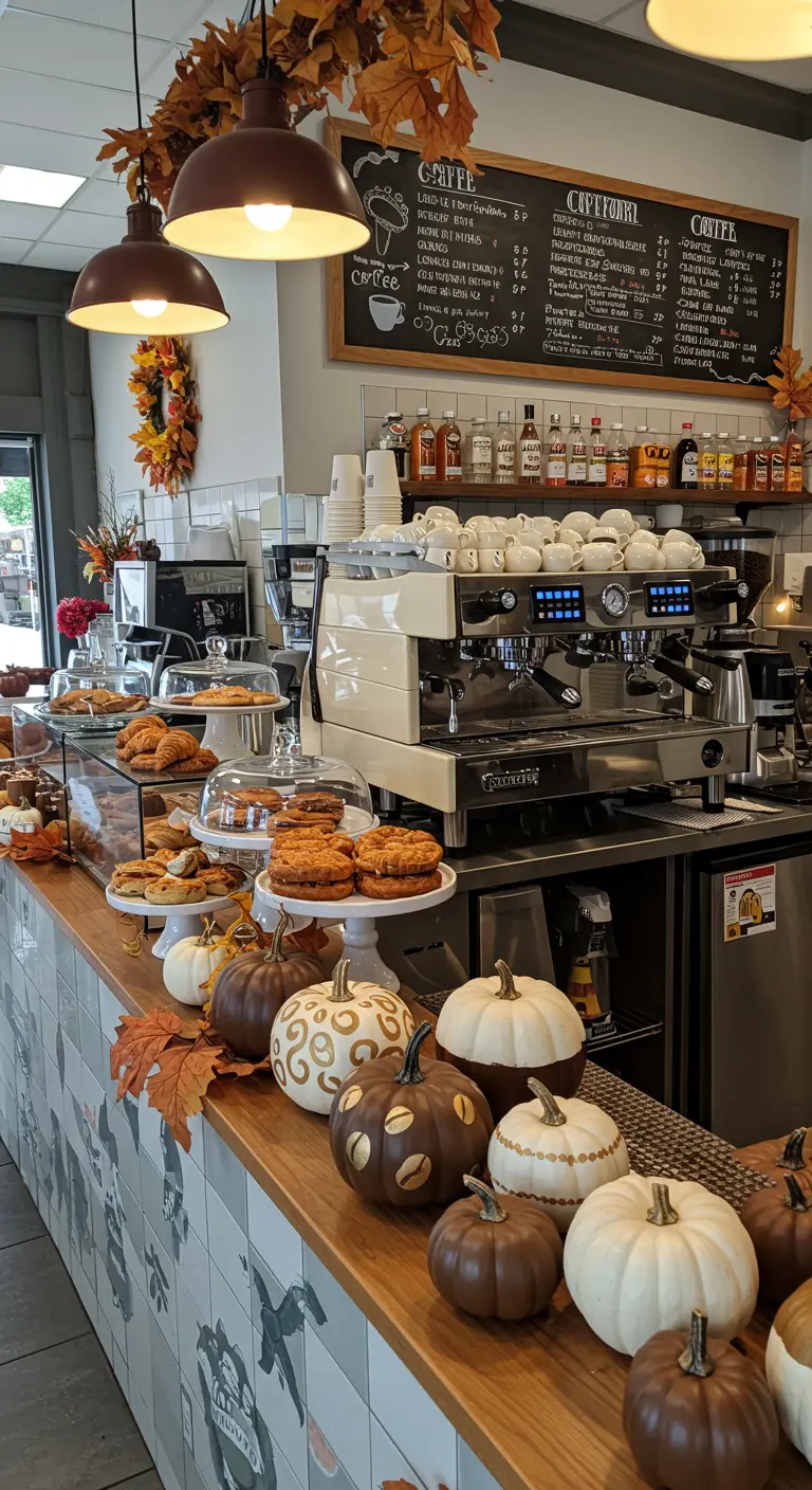 Comptoir de café avec des pâtisseries et une rangée de citrouilles peintes en brun et blanc avec des motifs dorés.