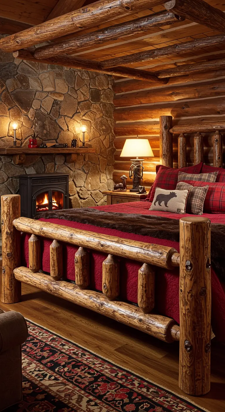Chambre rustique style chalet avec lit en rondins et cheminée en pierre.