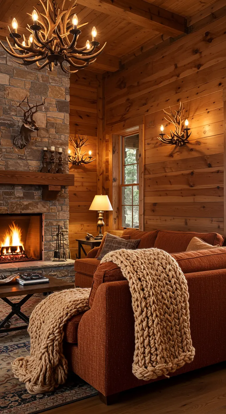 Intérieur de chalet en bois avec canapé terracotta, cheminée en pierre et lustre en bois de cerf.