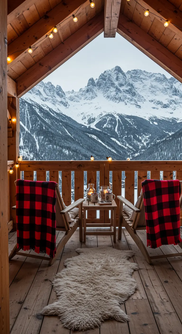 Balcon de chalet avec vue sur les montagnes, plaids à carreaux rouges et blancs.