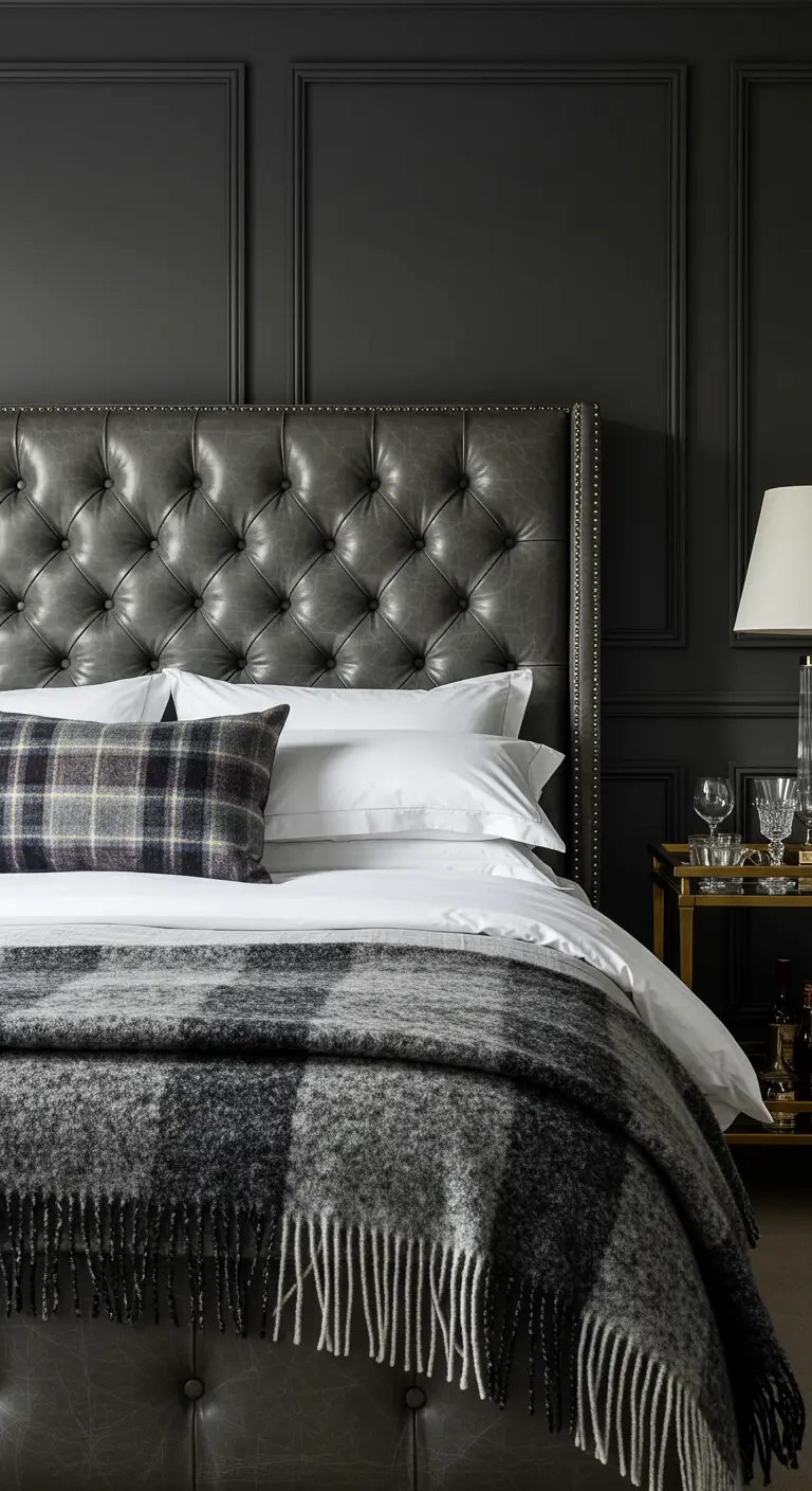 Tête de lit capitonnée en cuir gris foncé de style Chesterfield.