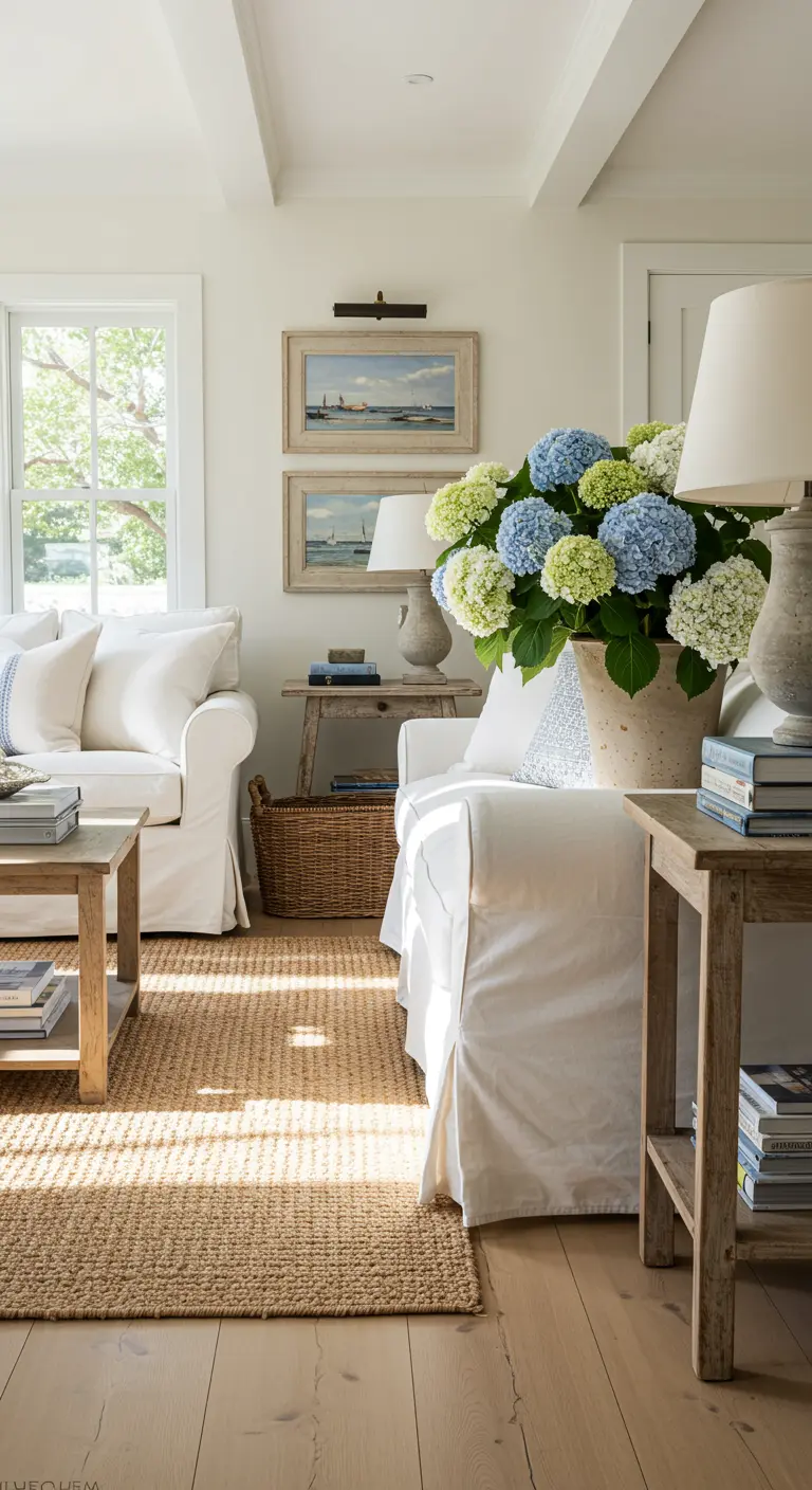 Salon de style côtier avec canapés à housses blanches et un bouquet d'hortensias
