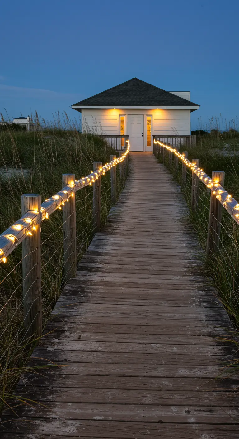 Passerelle en bois sur les dunes, éclairée par des guirlandes lumineuses sur les rambardes.
