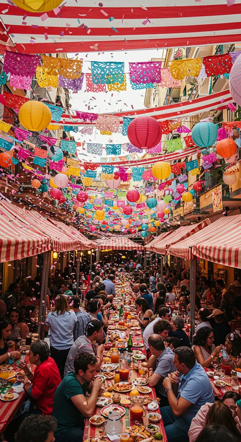 Rue bondée en pleine fête avec des guirlandes et lampions colorés suspendus.