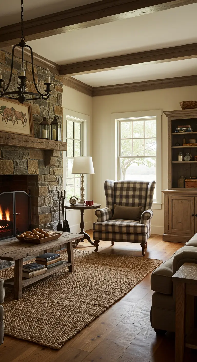 Salon rustique avec cheminée en pierre et fauteuil à carreaux.