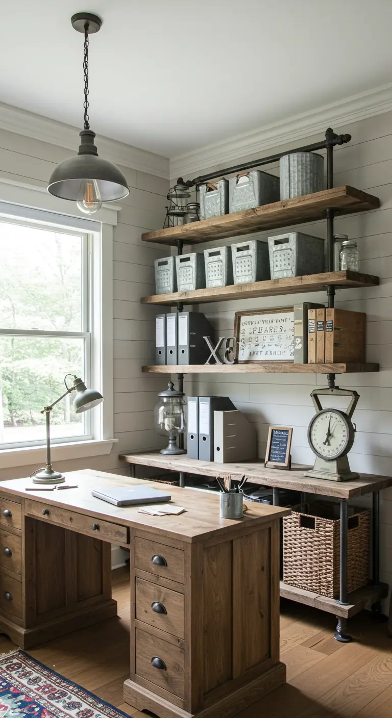Bureau farmhouse industriel avec étagères ouvertes en tuyaux et bois, caissons galvanisés.