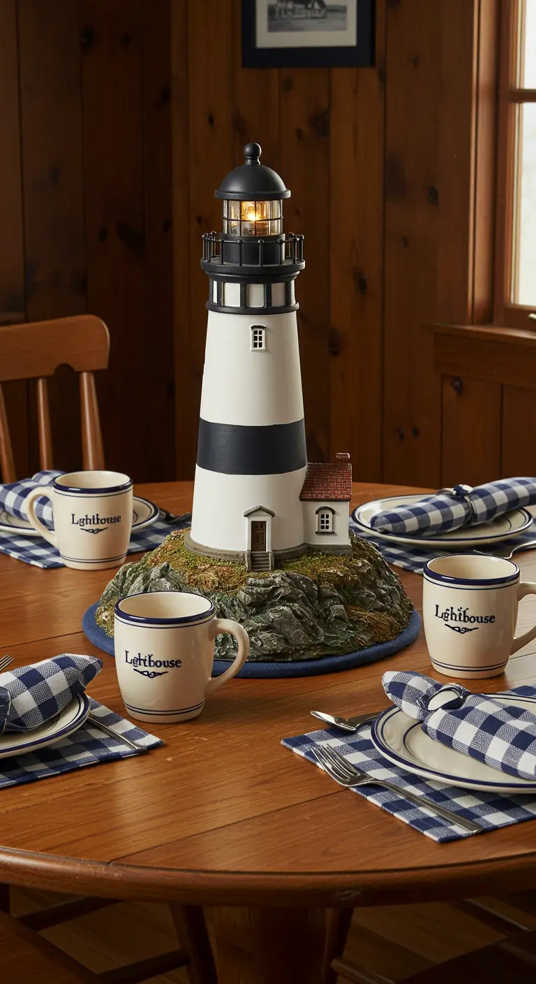 Table en bois avec une maquette de phare en centre de table et des serviettes en vichy bleu.