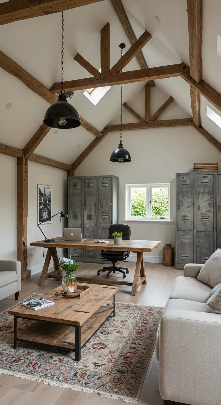 Bureau rustique sous des poutres en bois, avec des casiers industriels en métal.