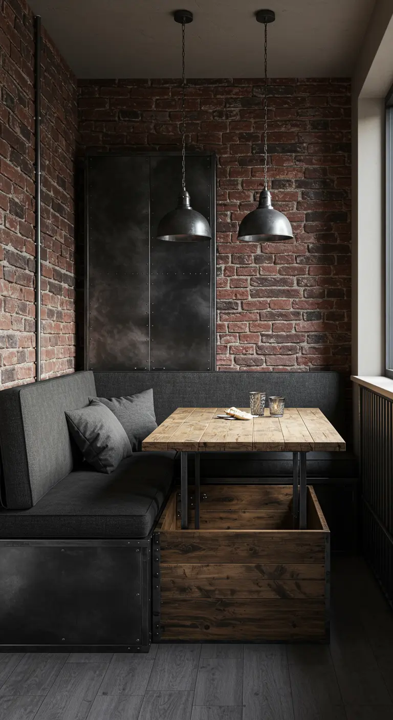 Banquette gris anthracite et table en bois brut dans un espace avec mur de briques rouges.