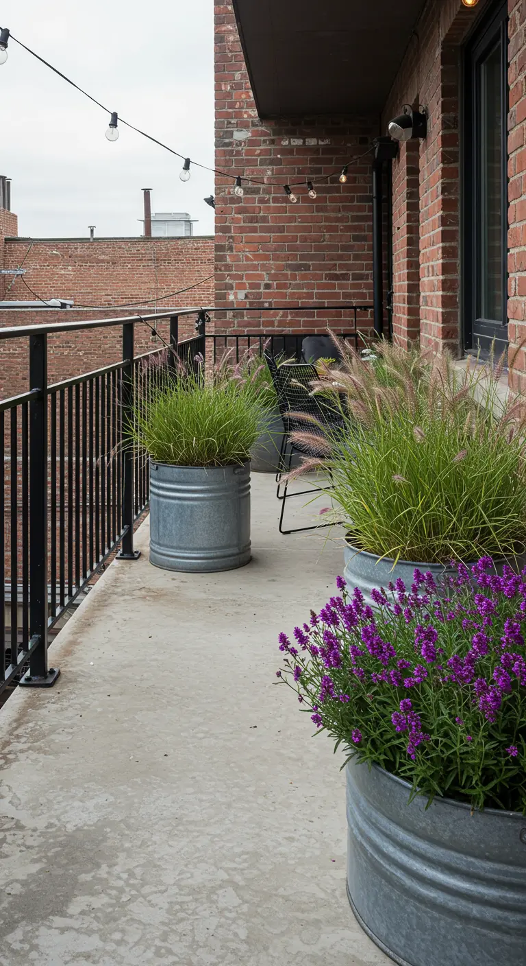 Balcon industriel avec des bacs en acier galvanisé utilisés comme jardinières pour des graminées.