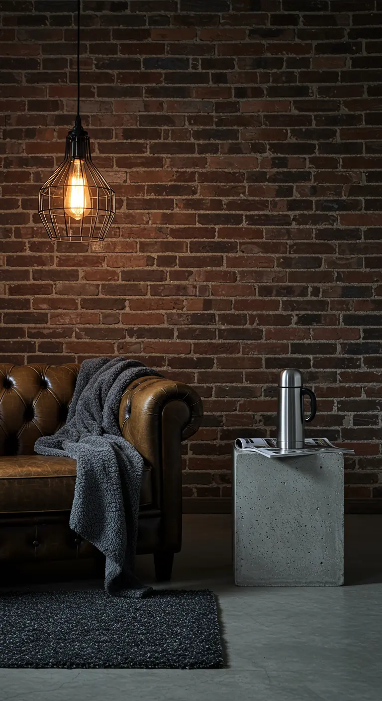 Canapé cuir Chesterfield, plaid anthracite, table béton, luminaire industriel, mur briques rouges.