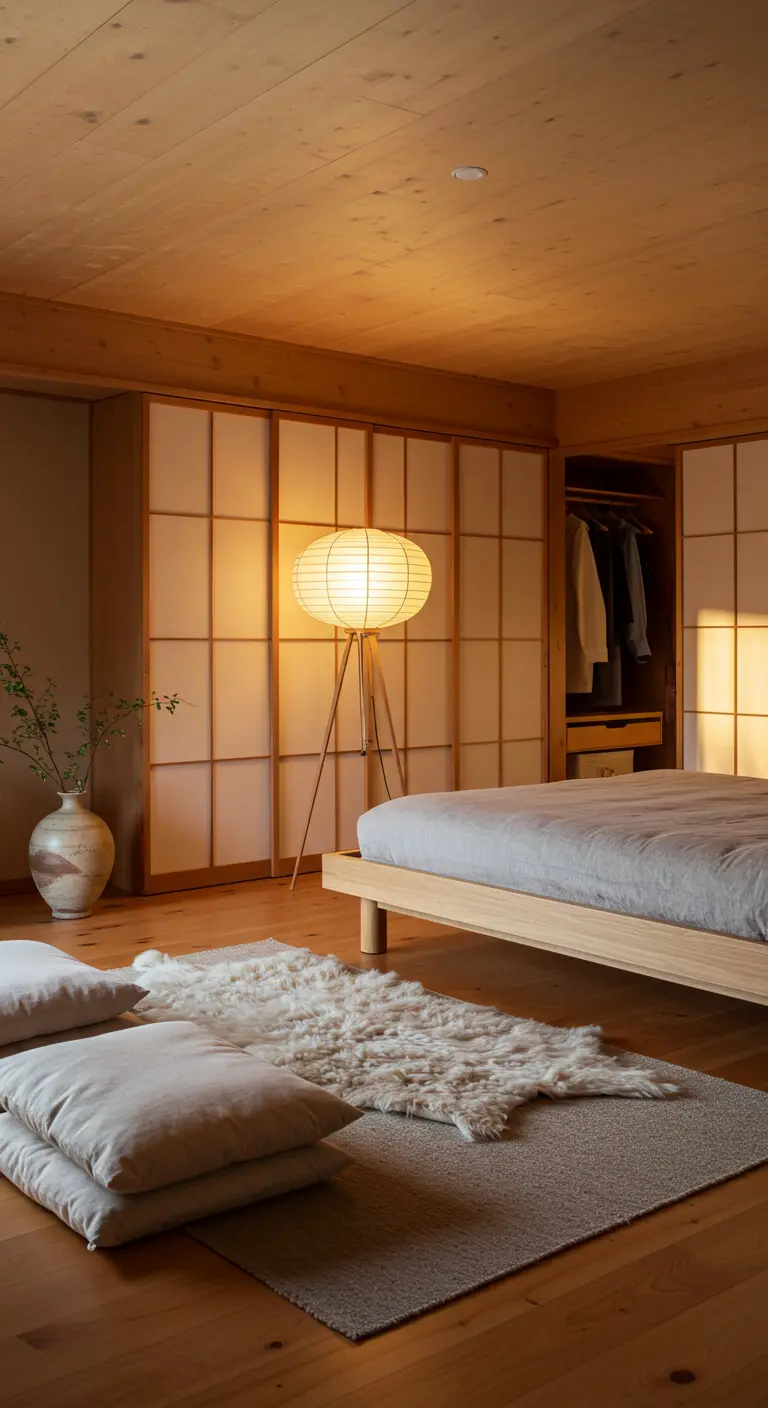 Chambre d'inspiration japonaise avec portes Shoji, lit bas et lanterne en papier.
