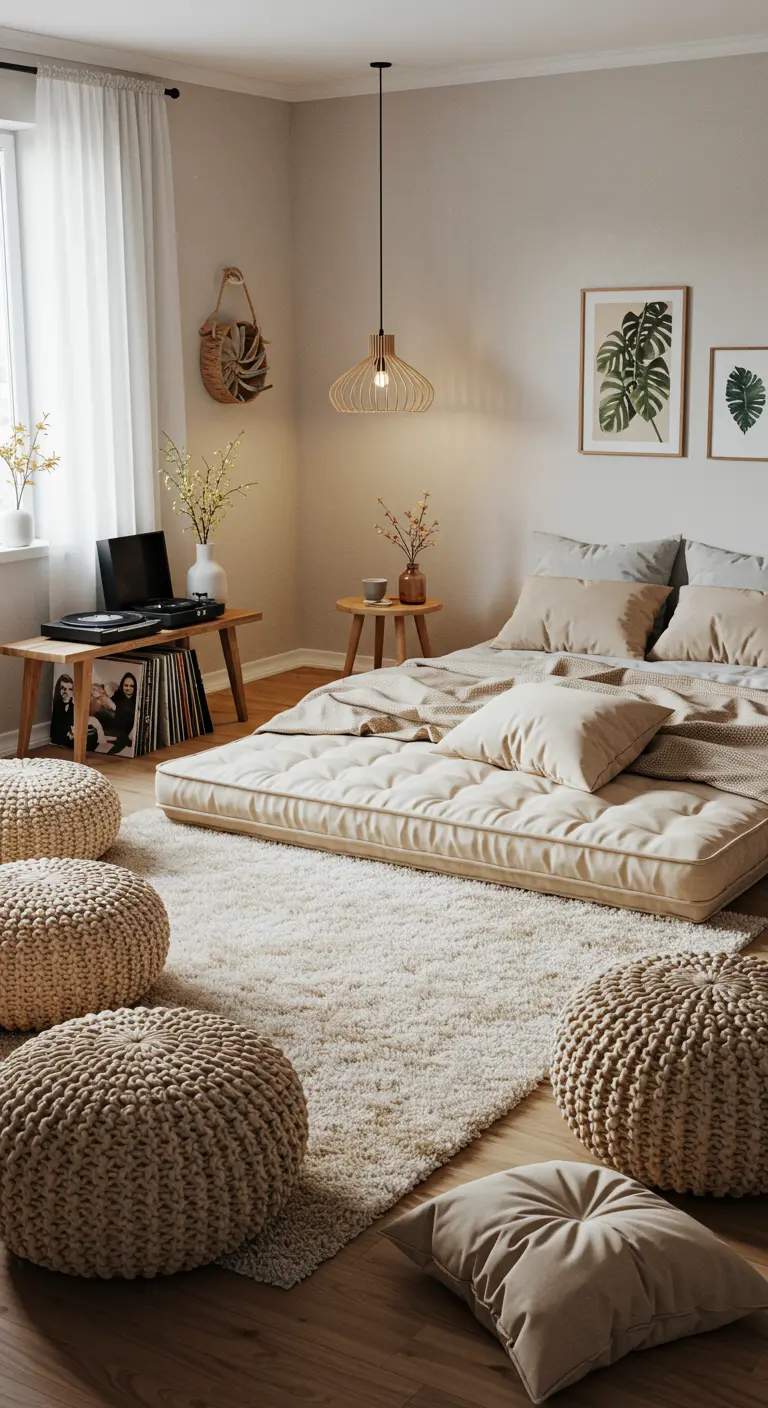 Chambre de style Japandi avec un matelas au sol, des poufs en tricot et un grand tapis.