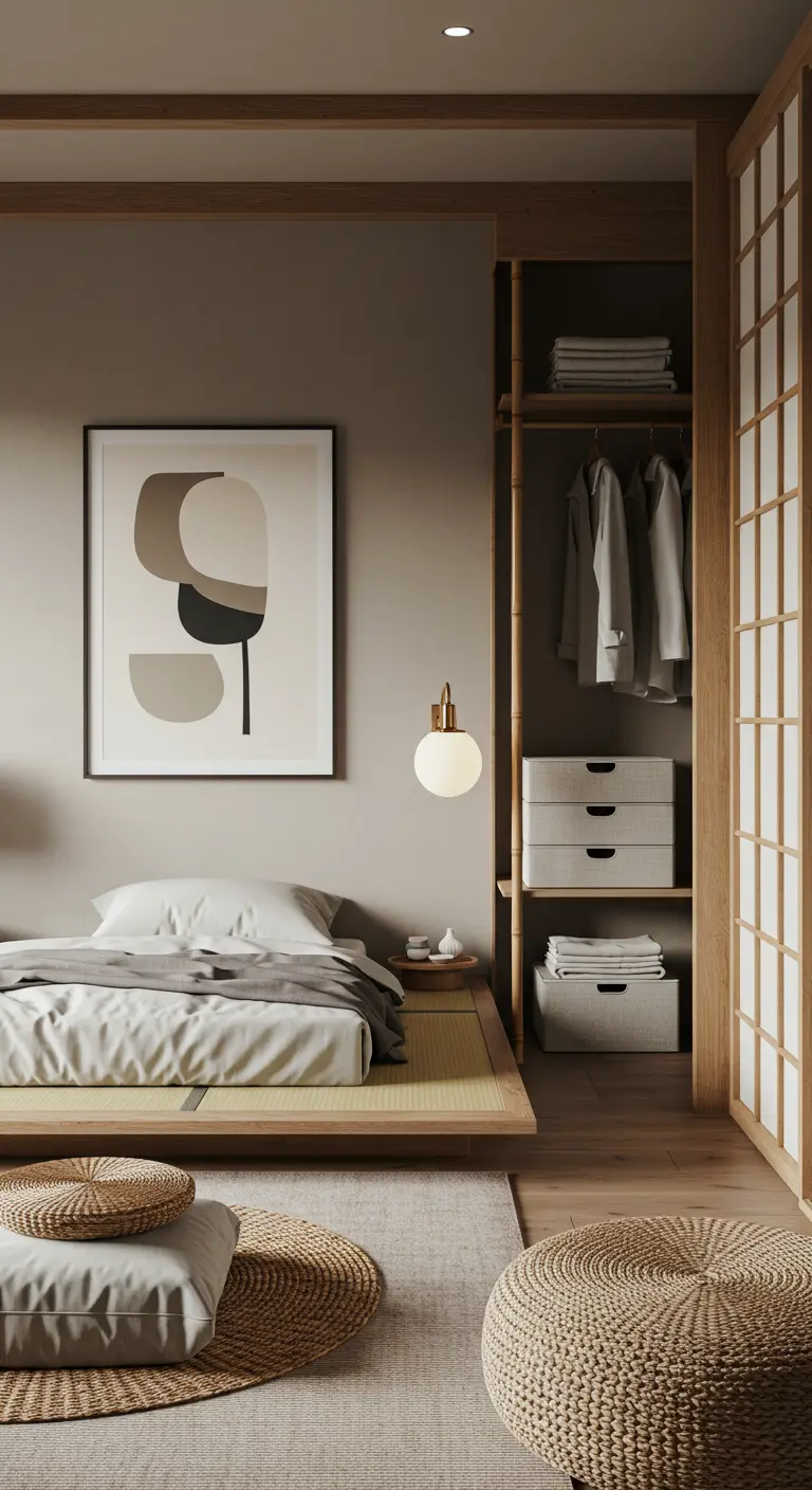 Chambre de style Japandi avec un lit bas, des rangements ouverts et des tons neutres.