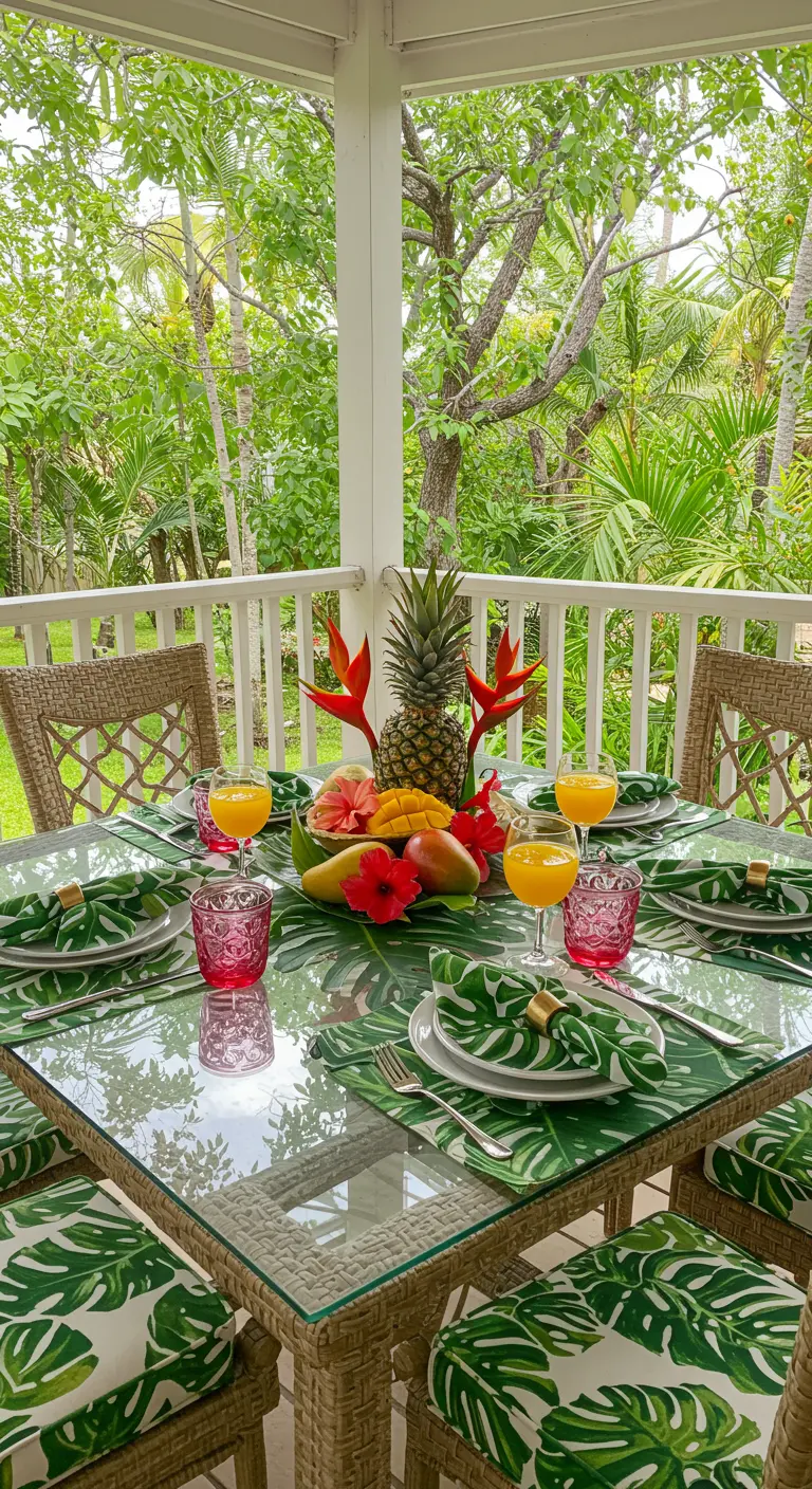 Table tropicale avec serviettes à motif de feuilles et fruits exotiques.