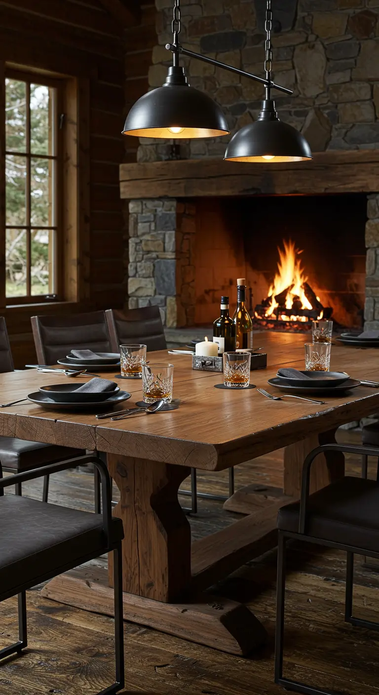 Salle à manger rustique avec cheminée en pierre, table en bois massif et luminaires noirs.