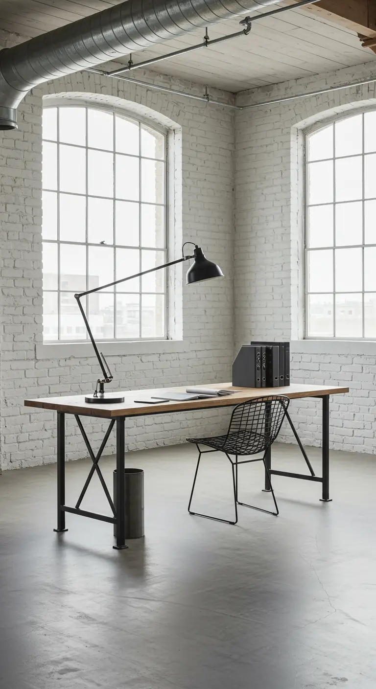 Grand bureau de style industriel dans un loft avec murs de briques blanches et tuyauterie apparente.
