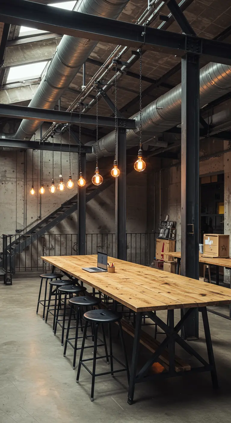 Longue table de travail en bois dans un loft industriel avec des ampoules suspendues.
