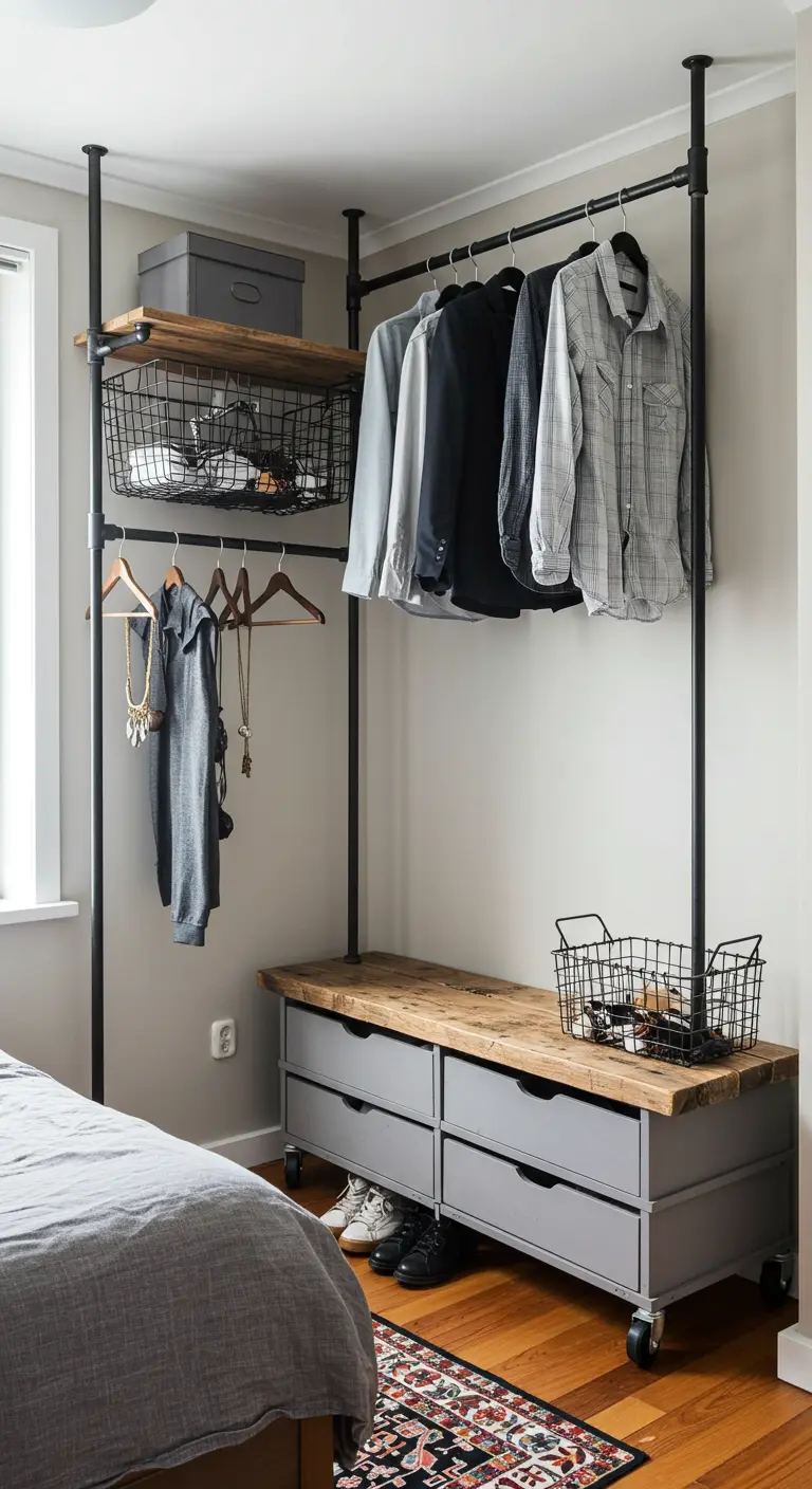 Dressing ouvert de style industriel avec structure en tuyaux noirs et étagères en bois.