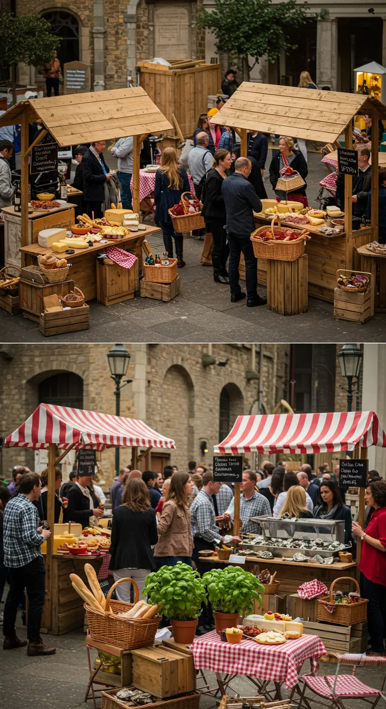 Stands de marché en bois proposant du fromage, du pain et d'autres produits locaux.