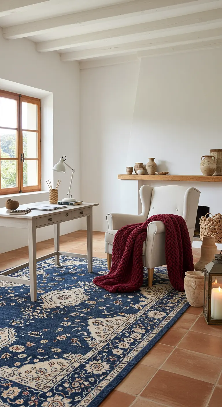 Bureau lumineux aux murs blancs, sol en terre cuite, tapis bleu et plaid rouge.