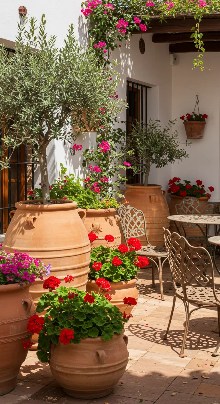 Grandes jarres en terre cuite avec des oliviers et des géraniums rouges sur un patio ensoleillé