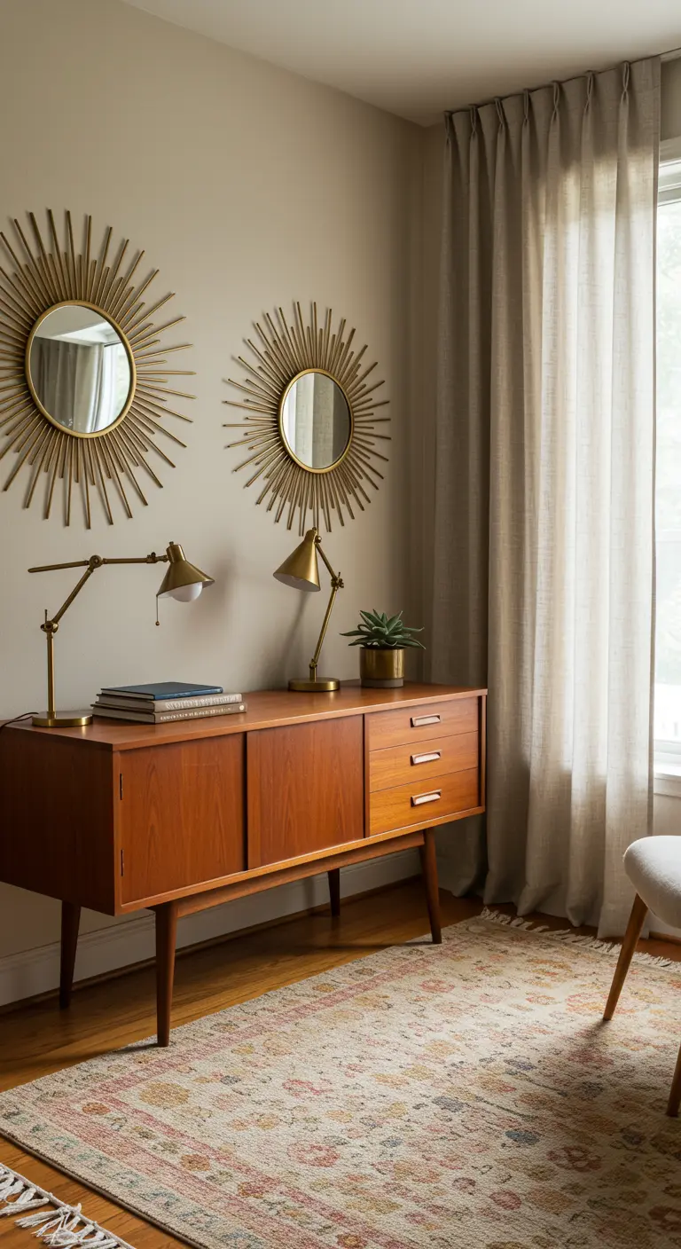Enfilade en teck utilisée comme bureau, surmontée de deux miroirs soleil.