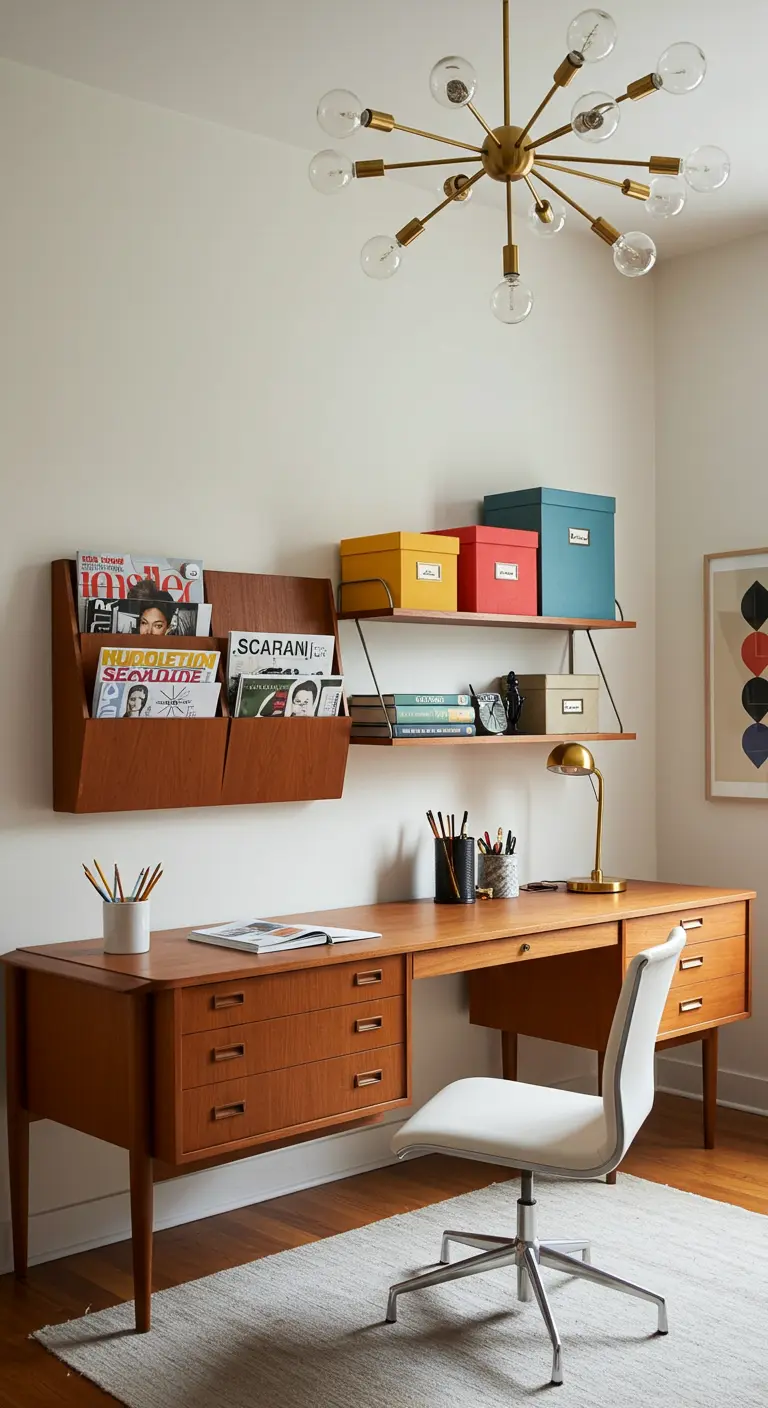 Bureau vintage en teck avec des étagères murales supportant des boîtes de rangement colorées.
